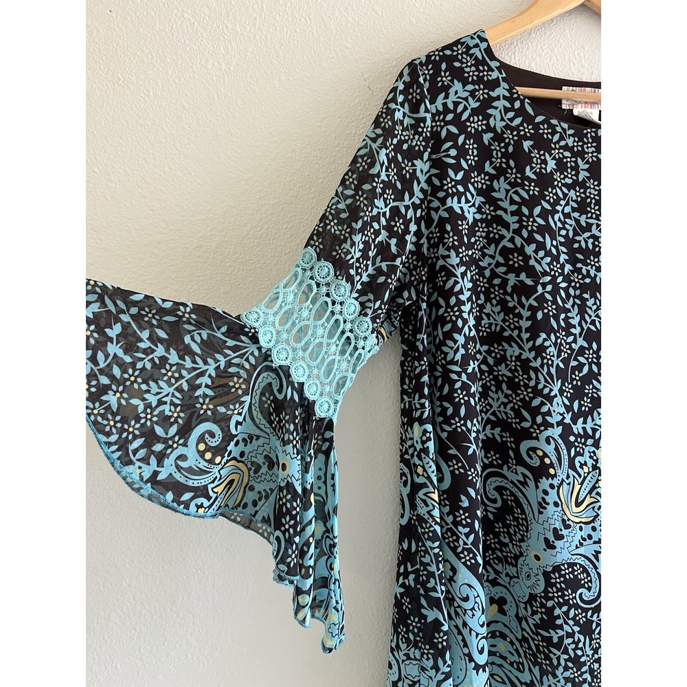 Lady Noiz Floral Bell Sleeve Top Size L Boho Fairy Asymmetric Festival Mermaid